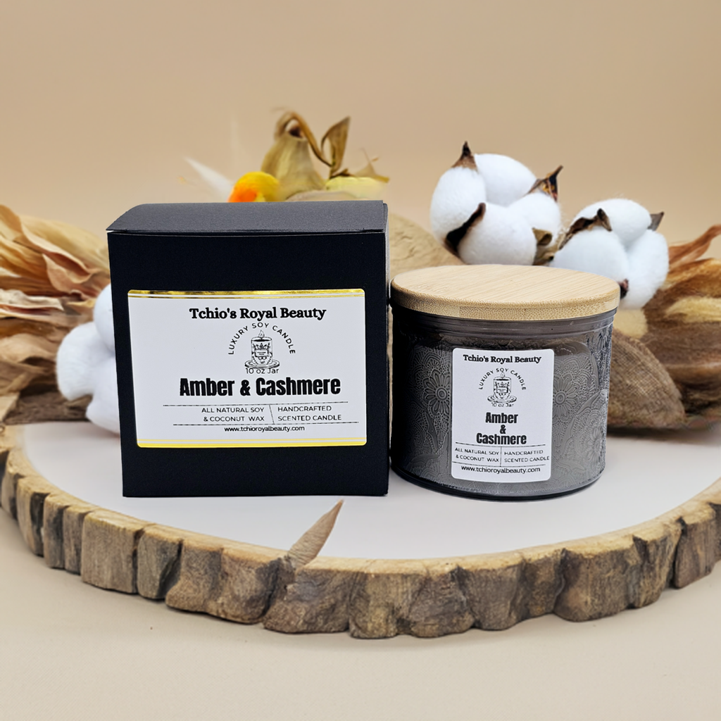 Amber & Cashmere Scented Candle – Handcrafted with Soy & Coconut Wax – 10 oz Black Glass Jar – Elegant Gift Box Included