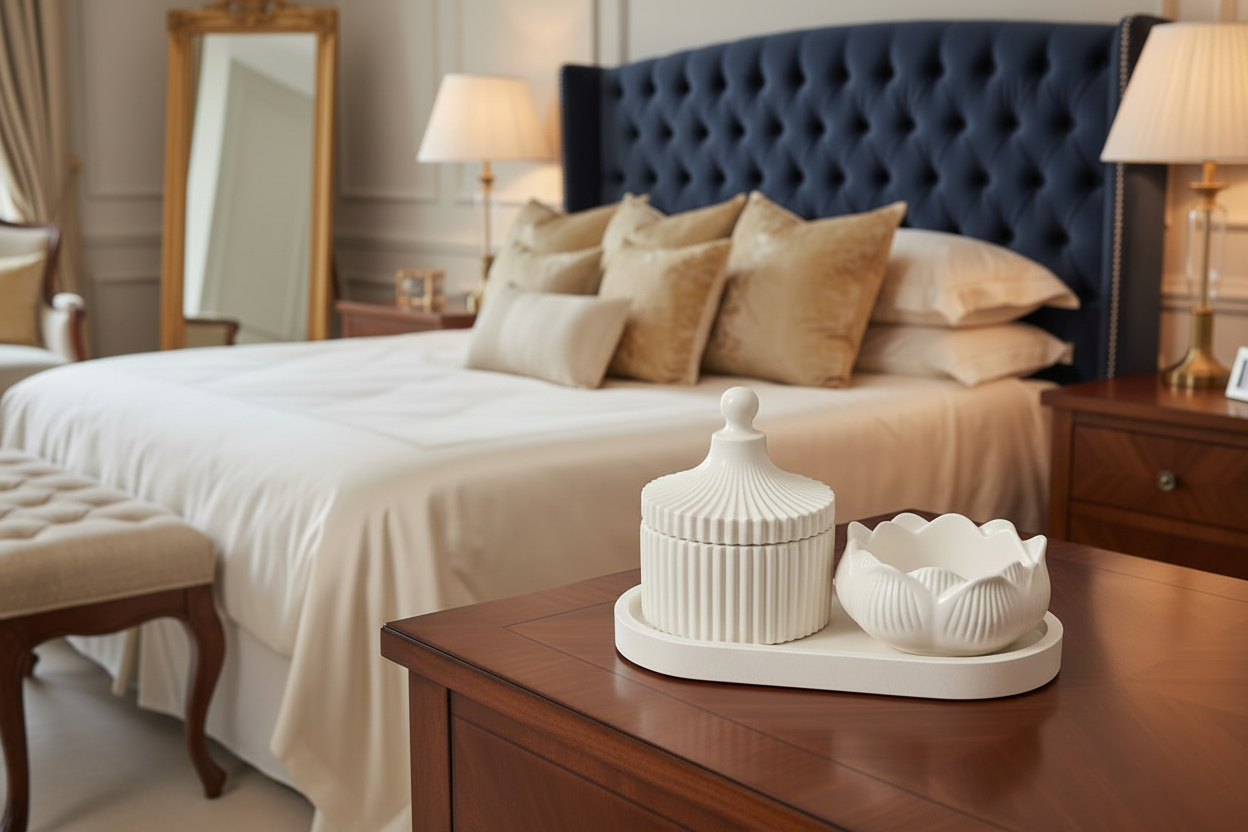 Jesmonite Candle Holder set with Ribbed Jar, Floral Bowl & Tray – Ivory Decorative Home Décor Organizer