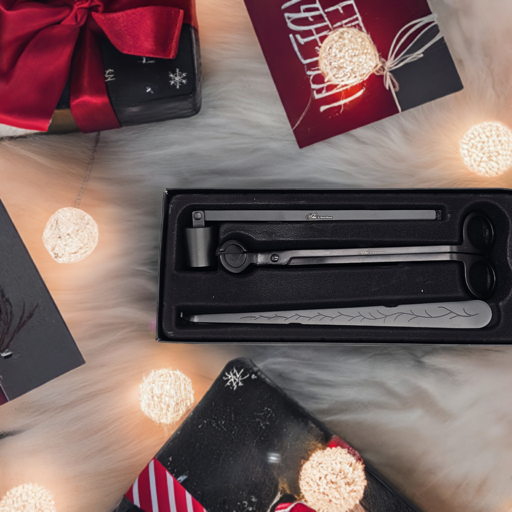 Candle Wick Trimming Set – 4-Piece Black-Plated Kit with Decorative Tray – Wick Trimmer, Snuffer, Dipper – Luxury Gift Box Included