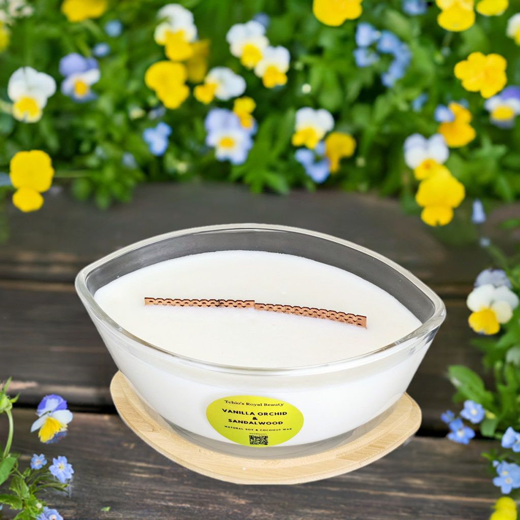 Vanilla Orchid & Sandalwood Candle – 25 oz Natural Soy & Coconut Wax – Boat-Shaped Glass Bowl with Bamboo Lid – Handcrafted Luxury Home Fragrance
