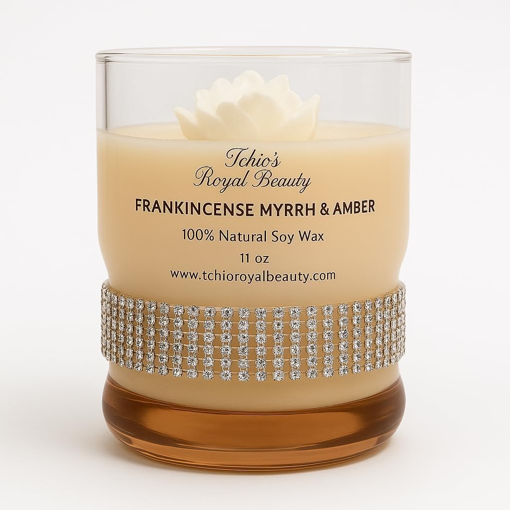 Luxury Soy Candle - Frankincense Myrrh, Amber & Citrus Agave | 11 oz | Handcrafted by Tchio’s Royal Beauty – Elegant Glass Jar with Gem Wrap | Long-Lasting, Natural Aromatherap, Gifting, Wedding