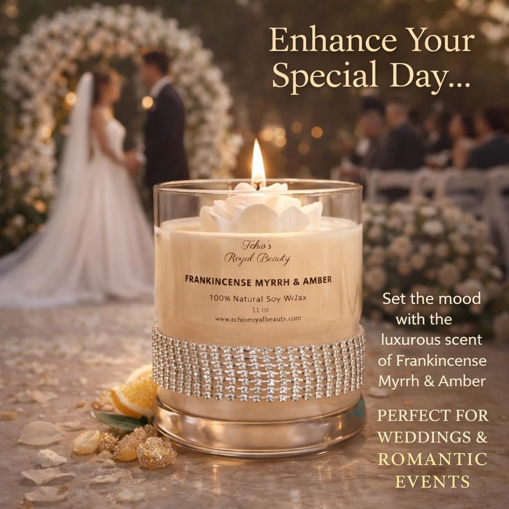 Luxury Soy Candle - Frankincense Myrrh, Amber & Citrus Agave | 11 oz | Handcrafted by Tchio’s Royal Beauty – Elegant Glass Jar with Gem Wrap | Long-Lasting, Natural Aromatherap, Gifting, Wedding