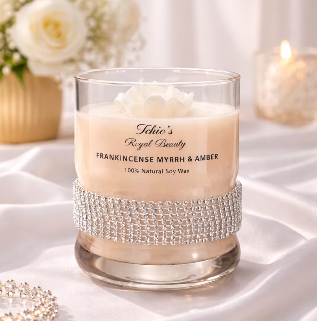 Luxury Soy Candle - Frankincense Myrrh, Amber & Citrus Agave | 11 oz | Handcrafted by Tchio’s Royal Beauty – Elegant Glass Jar with Gem Wrap | Long-Lasting, Natural Aromatherap, Gifting, Wedding