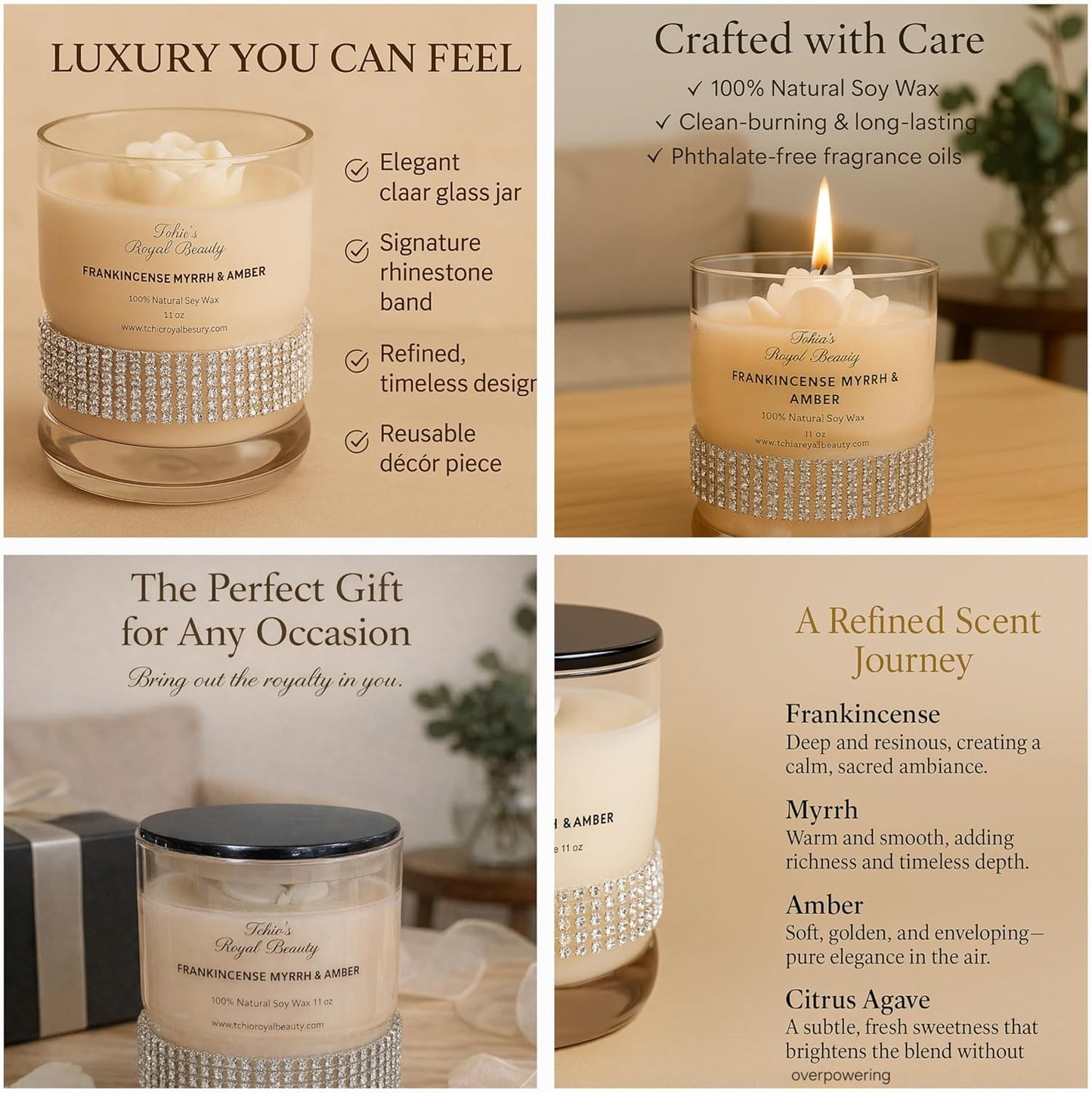 Luxury Soy Candle - Frankincense Myrrh, Amber & Citrus Agave | 11 oz | Handcrafted by Tchio’s Royal Beauty – Elegant Glass Jar with Gem Wrap | Long-Lasting, Natural Aromatherap, Gifting, Wedding