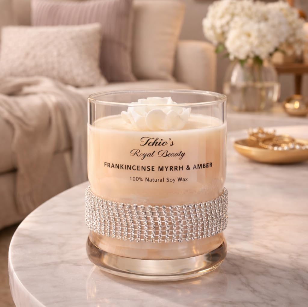 Luxury Soy Candle - Frankincense Myrrh, Amber & Citrus Agave | 11 oz | Handcrafted by Tchio’s Royal Beauty – Elegant Glass Jar with Gem Wrap | Long-Lasting, Natural Aromatherap, Gifting, Wedding