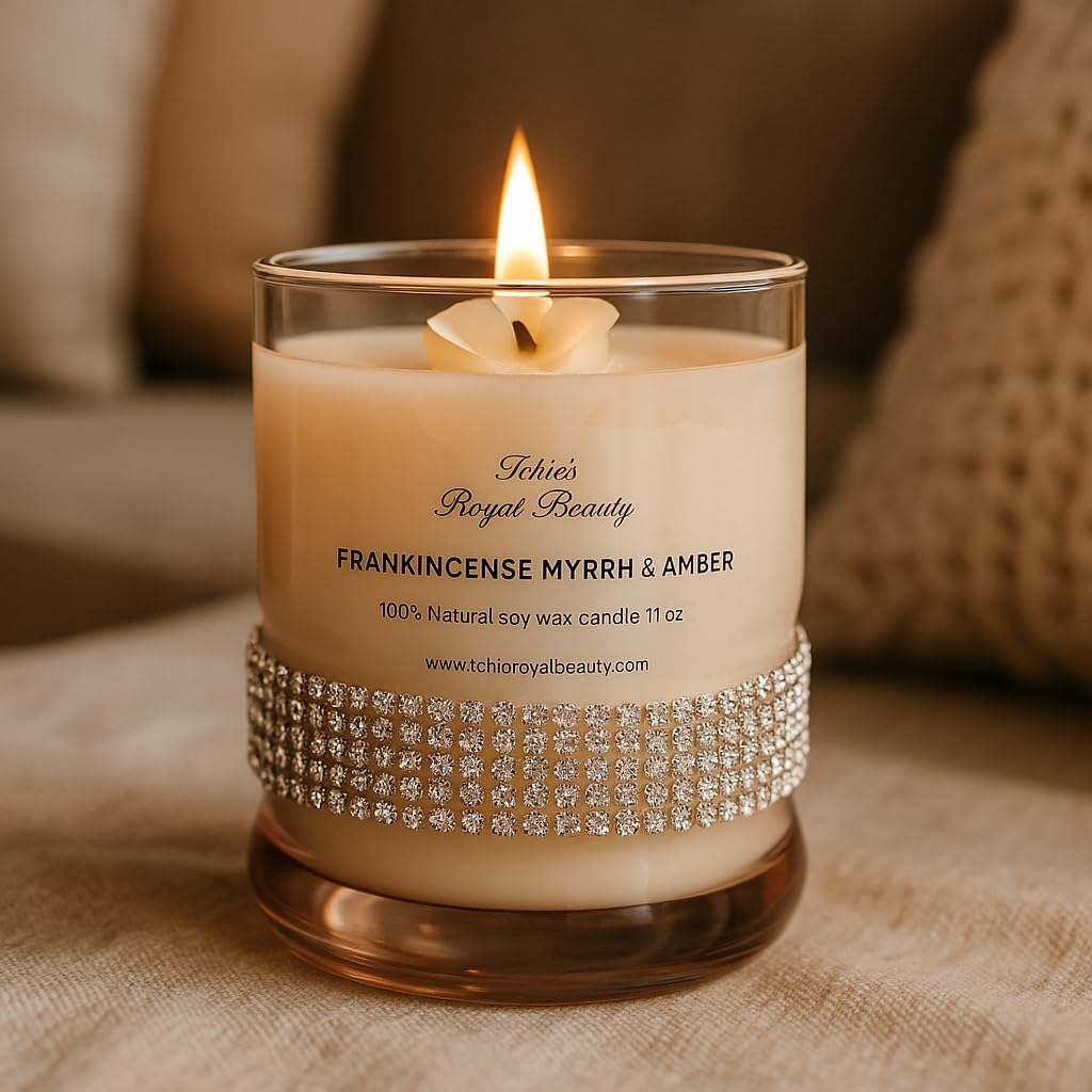 Luxury Soy Candle - Frankincense Myrrh, Amber & Citrus Agave | 11 oz | Handcrafted by Tchio’s Royal Beauty – Elegant Glass Jar with Gem Wrap | Long-Lasting, Natural Aromatherap, Gifting, Wedding