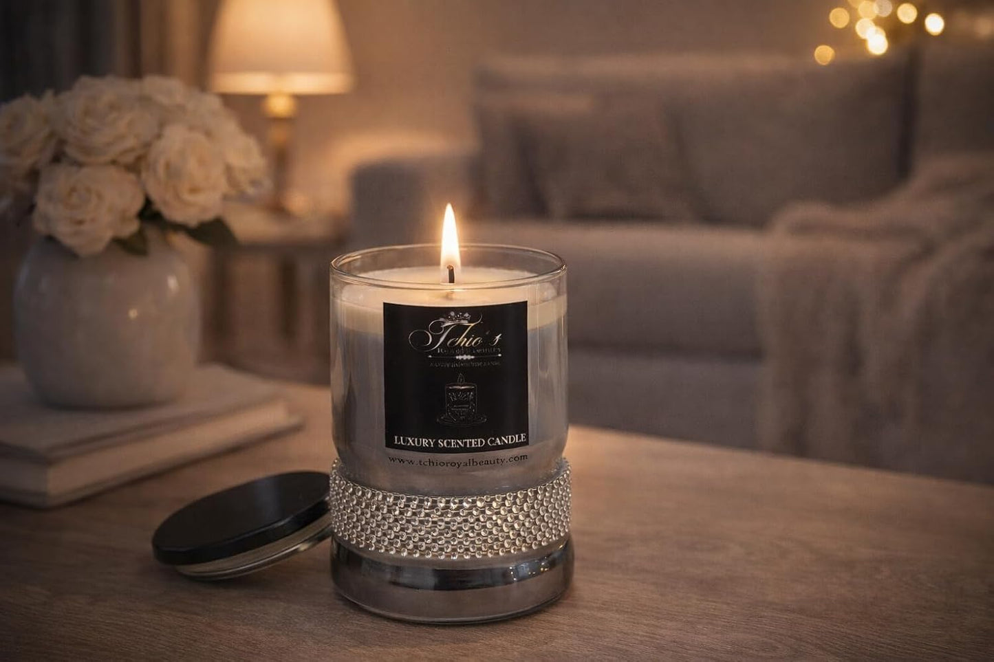 Luxury Soy Candle 11 oz – Frankincense & Myrrh, Amber & Citrus Agave | Hand-Poured | Elegant Gem-Wrapped Glass Jar | Long-Lasting Aromatherapy Gift (Black jar)