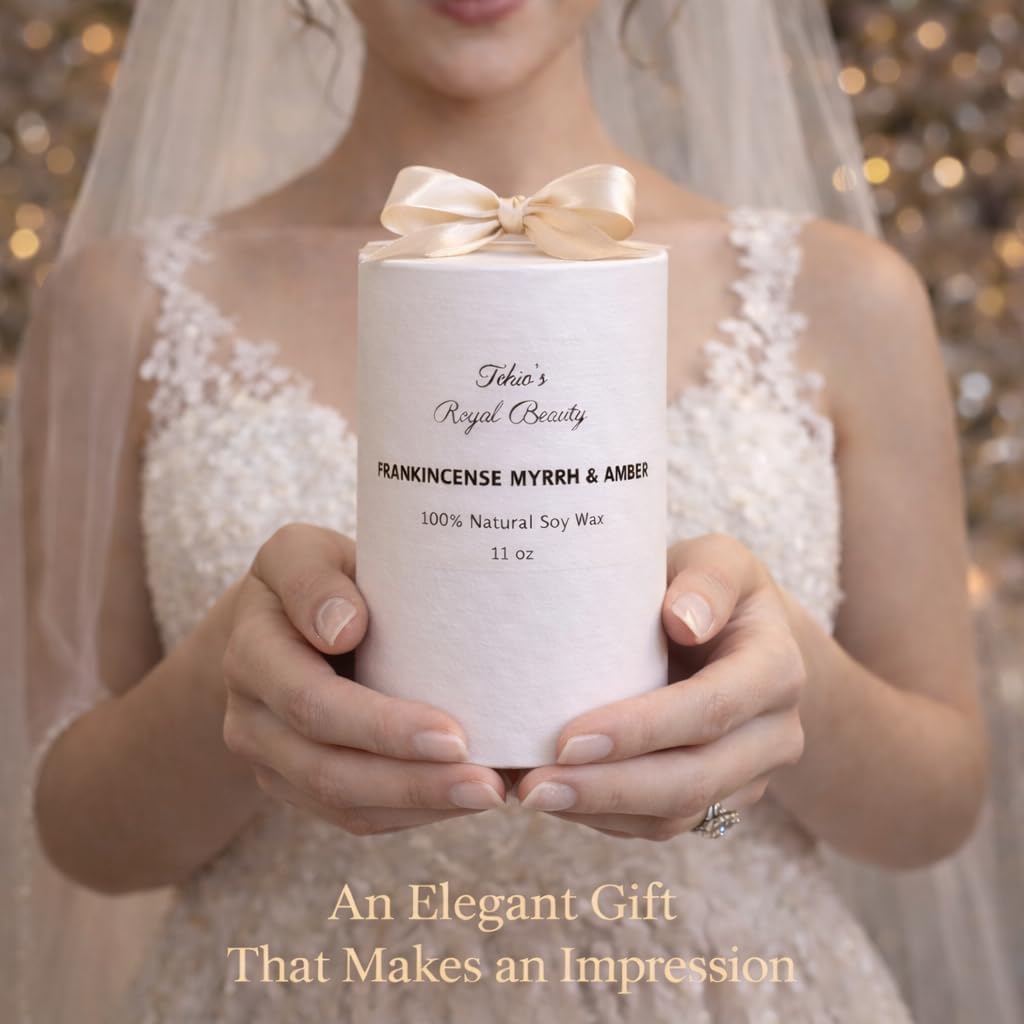 Luxury Soy Candle - Frankincense Myrrh, Amber & Citrus Agave | 11 oz | Handcrafted by Tchio’s Royal Beauty – Elegant Glass Jar with Gem Wrap | Long-Lasting, Natural Aromatherap, Gifting, Wedding