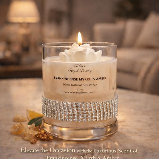 Luxury Soy Candle - Frankincense Myrrh, Amber & Citrus Agave | 11 oz | Handcrafted by Tchio’s Royal Beauty – Elegant Glass Jar with Gem Wrap | Long-Lasting, Natural Aromatherap, Gifting, Wedding