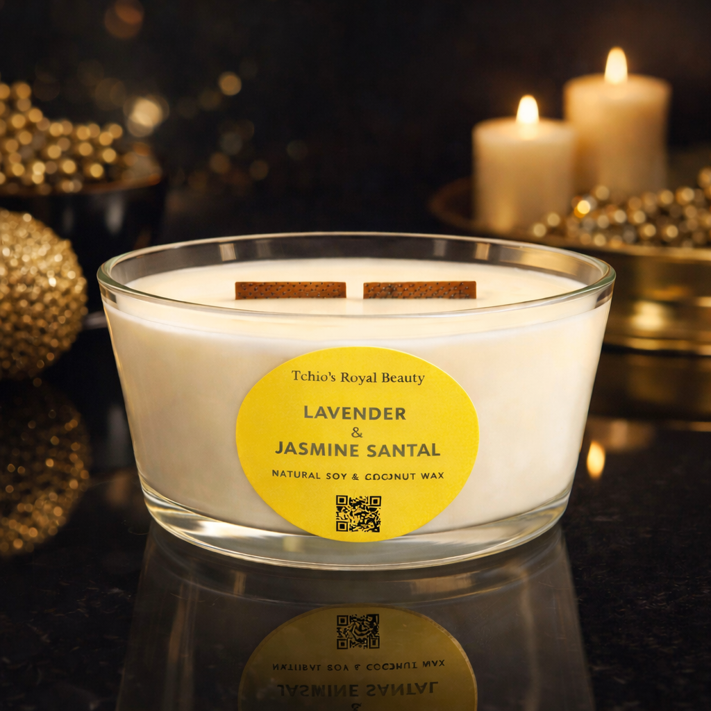 Lavender, Jasmine & Santal Scented Candle – 25 oz Boat-Shaped Glass Jar with Bamboo Lid, Wooden Wick, Handcrafted with Natural Coconut & Soy Wax