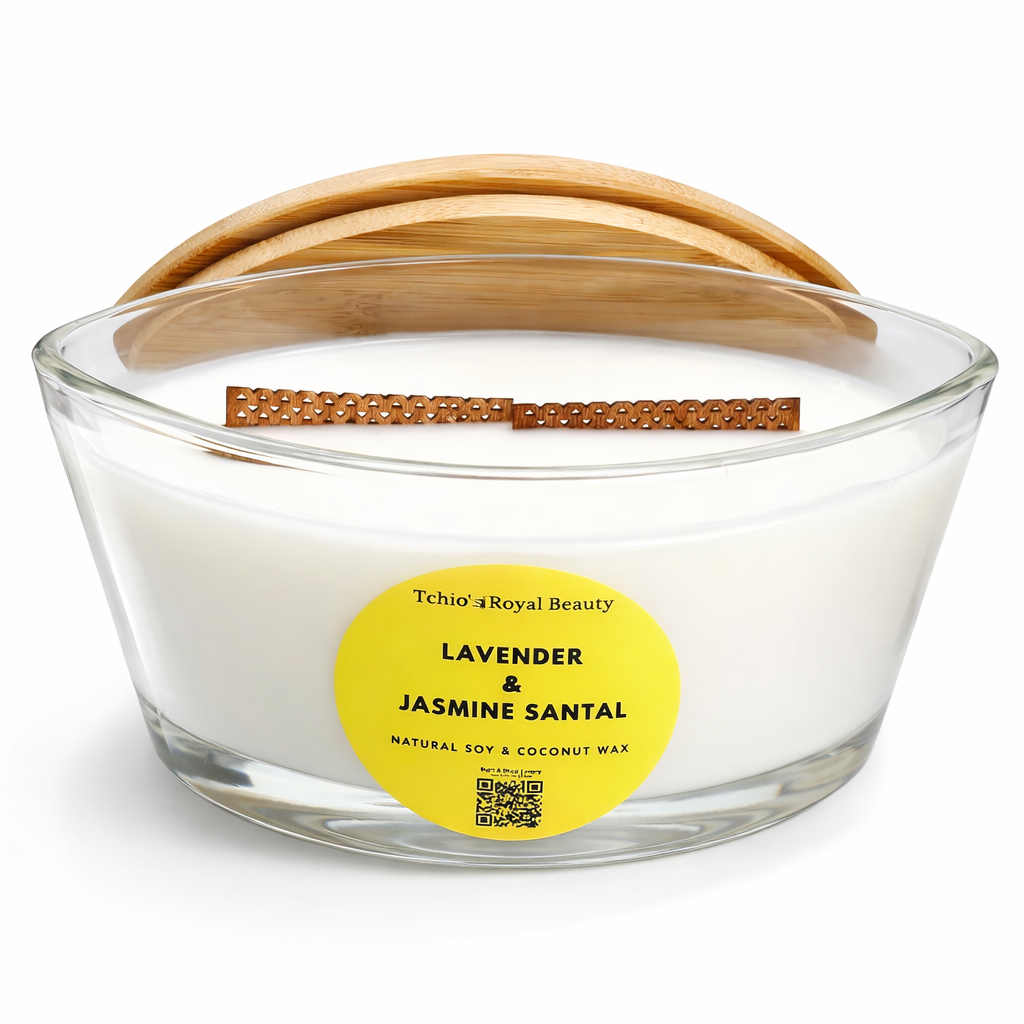 Lavender, Jasmine & Santal Scented Candle – 25 oz Boat-Shaped Glass Jar with Bamboo Lid, Wooden Wick, Handcrafted with Natural Coconut & Soy Wax