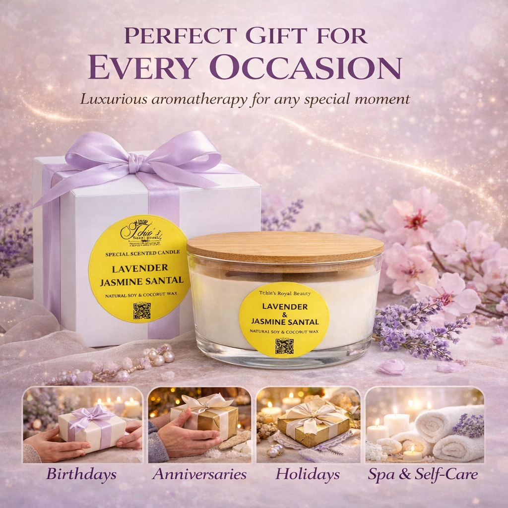 Lavender, Jasmine & Santal Scented Candle – 25 oz Boat-Shaped Glass Jar with Bamboo Lid, Wooden Wick, Handcrafted with Natural Coconut & Soy Wax