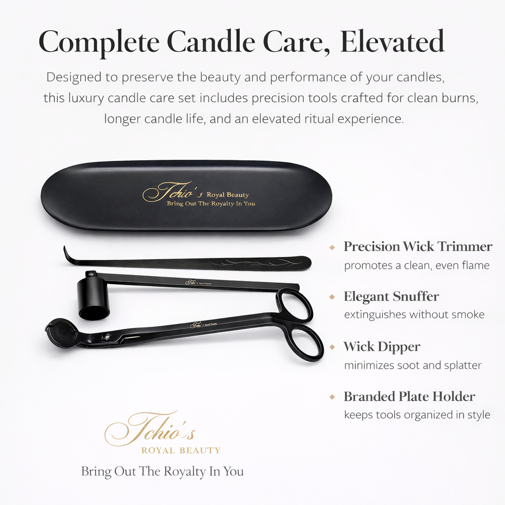 Candle Wick Trimming Set – 4-Piece Black-Plated Kit with Decorative Tray – Wick Trimmer, Snuffer, Dipper – Luxury Gift Box Included