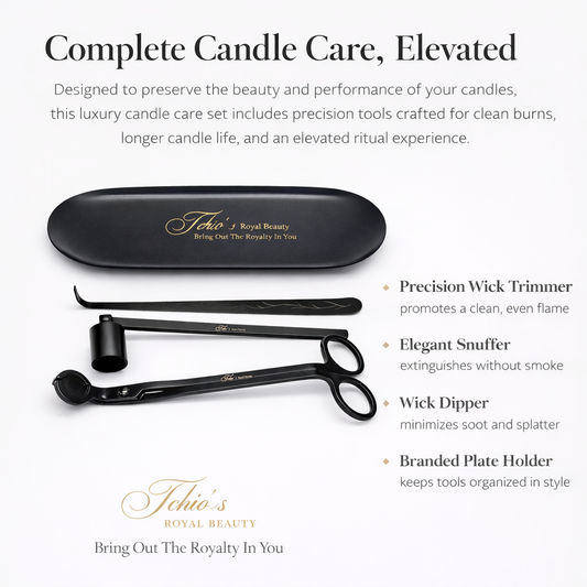 Candle Wick Trimming Set – 4-Piece Black-Plated Kit with Decorative Tray – Wick Trimmer, Snuffer, Dipper – Luxury Gift Box Included