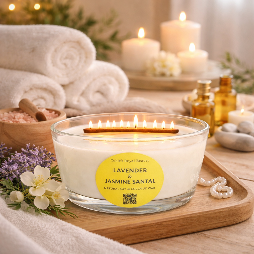 Lavender, Jasmine & Santal Scented Candle – 25 oz Boat-Shaped Glass Jar with Bamboo Lid, Wooden Wick, Handcrafted with Natural Coconut & Soy Wax