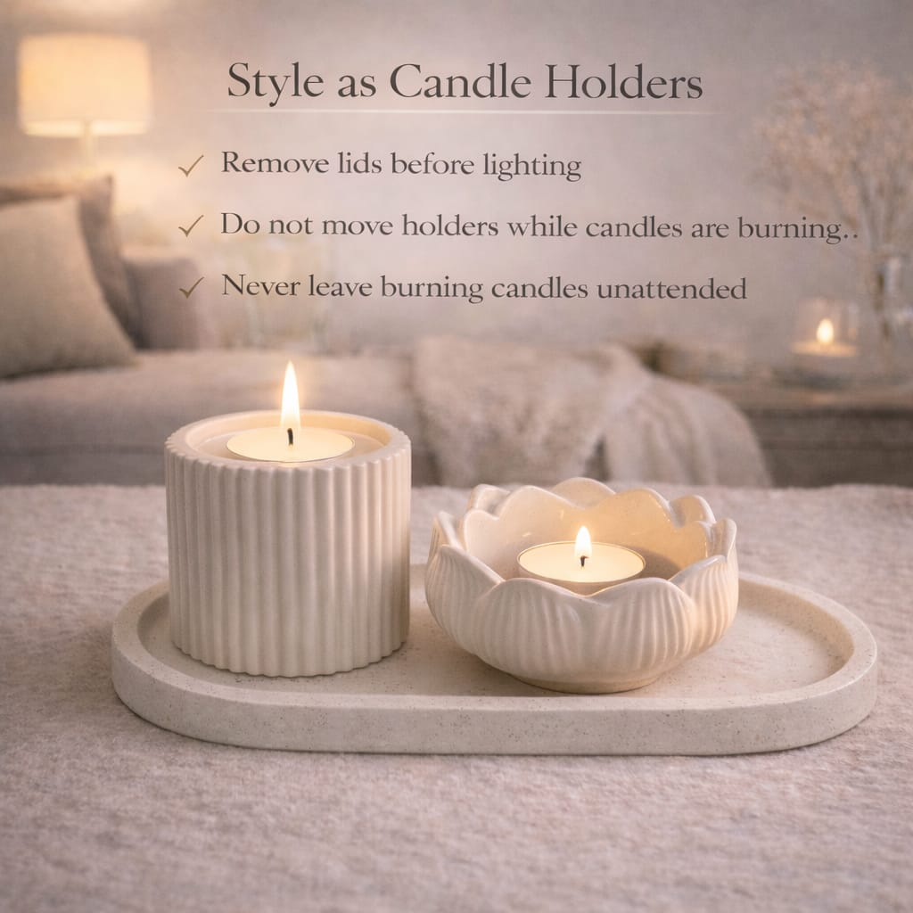 Jesmonite Candle Holder set with Ribbed Jar, Floral Bowl & Tray – Ivory Decorative Home Décor Organizer