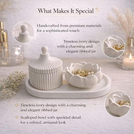 Jesmonite Candle Holder set with Ribbed Jar, Floral Bowl & Tray – Ivory Decorative Home Décor Organizer