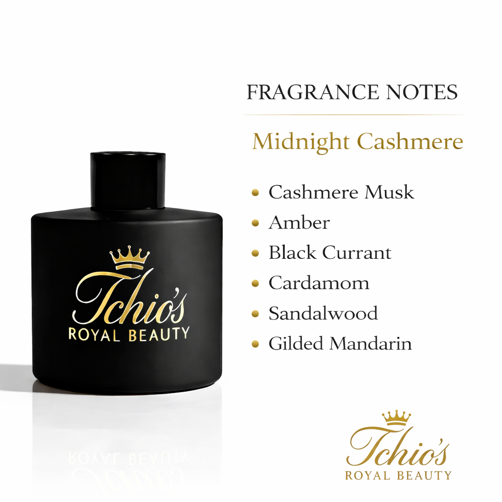 Tchio’s Royal Beauty Midnight Cashmere Reed Diffuser – Luxury Home Fragrance, Long-Lasting Scent, Elegant Matte Black Glass Bottle, Includes Reeds, 150 ml