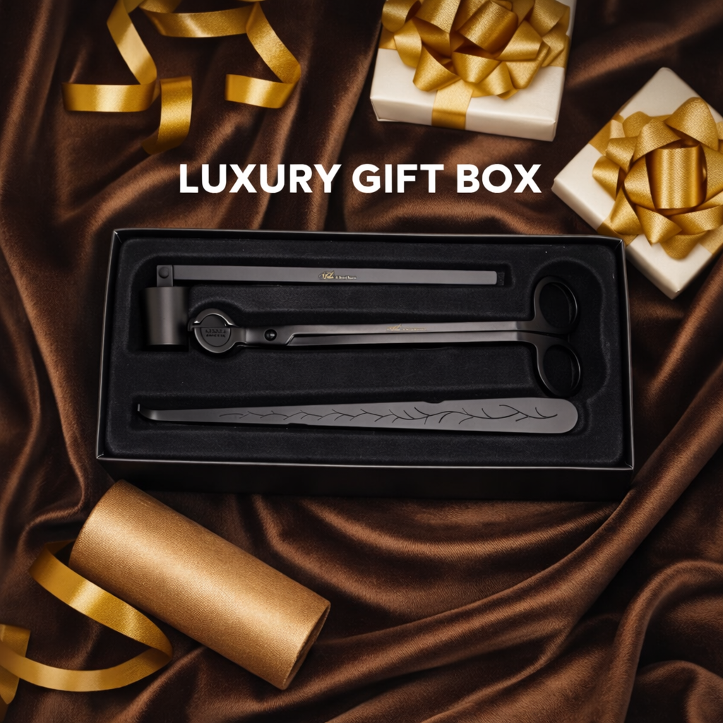 Candle Wick Trimming Set – 4-Piece Black-Plated Kit with Decorative Tray – Wick Trimmer, Snuffer, Dipper – Luxury Gift Box Included