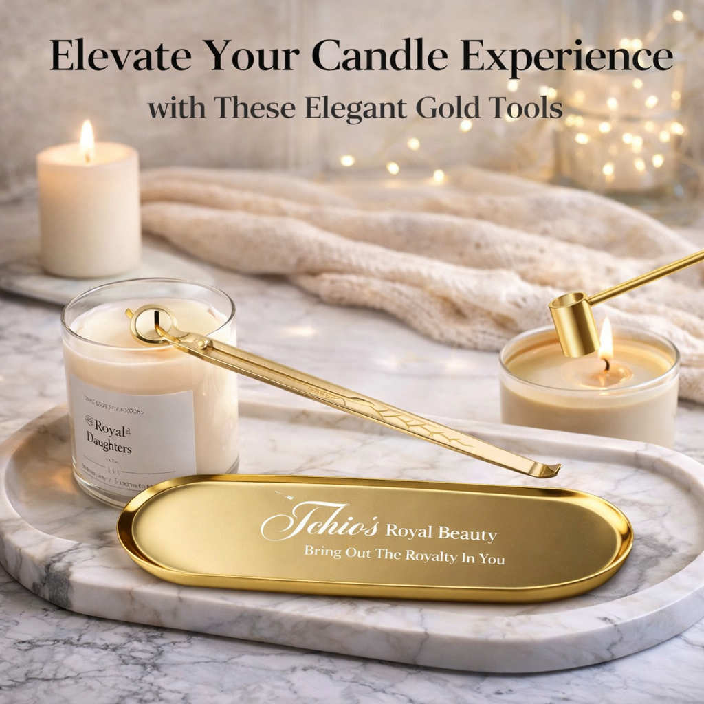 Candle Wick Trimming Set – 4-Piece Gold-Plated Kit with Decorative Tray – Wick Trimmer, Snuffer, Dipper – Luxury Gift Box Included
