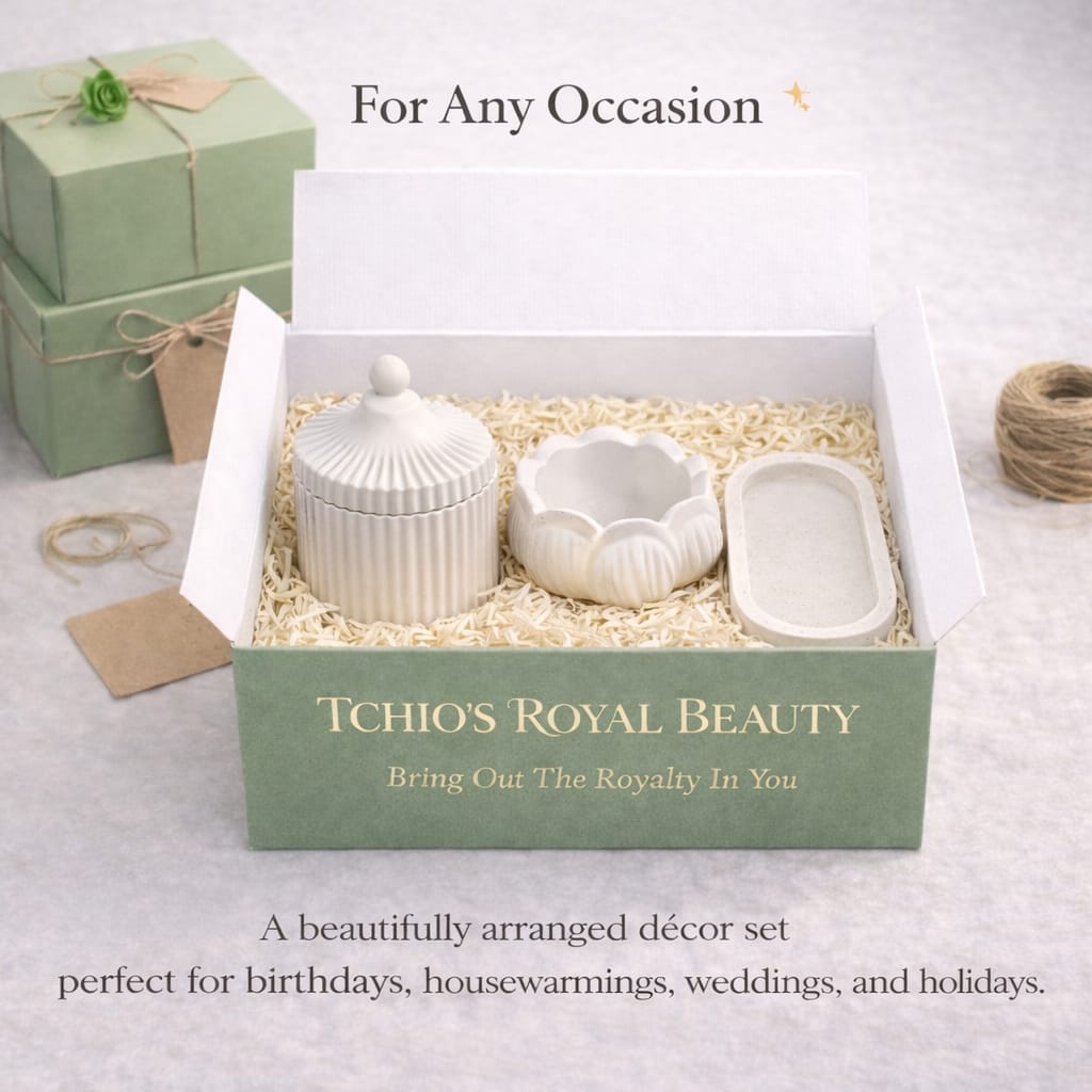 Jesmonite Candle Holder set with Ribbed Jar, Floral Bowl & Tray – Ivory Decorative Home Décor Organizer