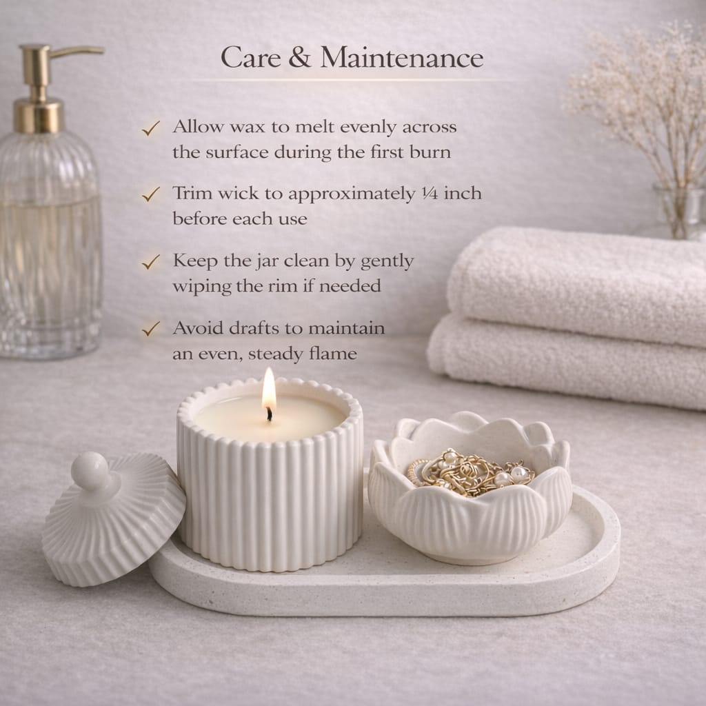 Jesmonite Candle Holder set with Ribbed Jar, Floral Bowl & Tray – Ivory Decorative Home Décor Organizer