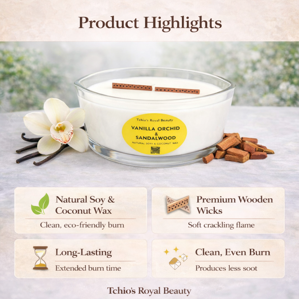 Vanilla Orchid & Sandalwood Candle – 25 oz Natural Soy & Coconut Wax – Boat-Shaped Glass Bowl with Bamboo Lid – Handcrafted Luxury Home Fragrance
