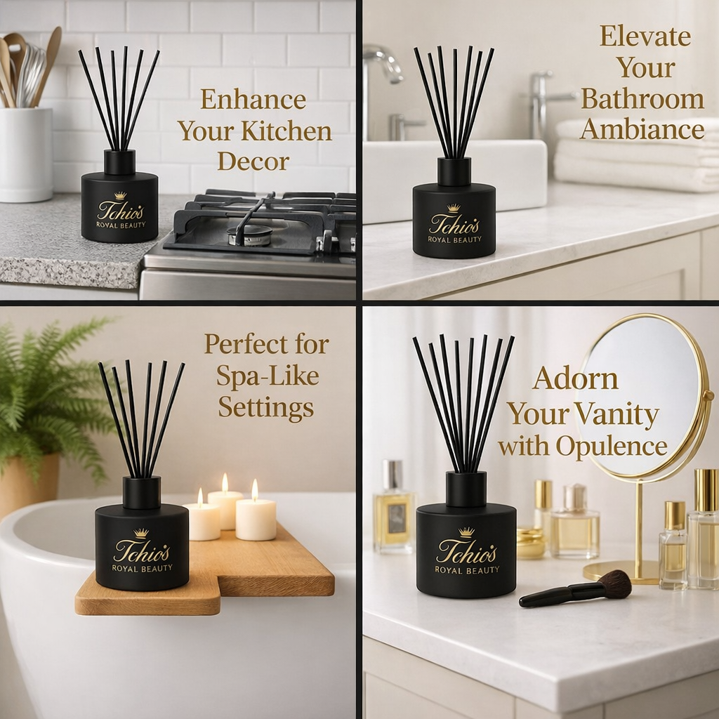 Tchio’s Royal Beauty Midnight Cashmere Reed Diffuser – Luxury Home Fragrance, Long-Lasting Scent, Elegant Matte Black Glass Bottle, Includes Reeds, 150 ml