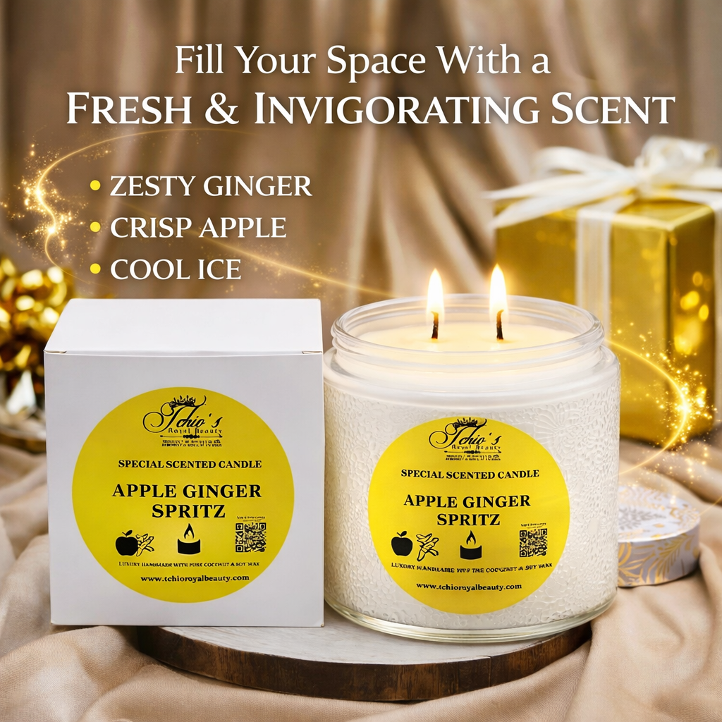 Apple Ginger Spritz Scented Candle – Handcrafted by Tchio's Royal Beauty – 10 oz Coconut & Soy Wax – Decorative Jar with Gift Box – Fresh Fruity Aroma