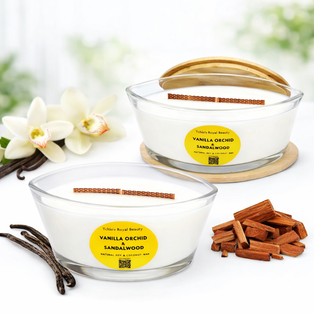 Vanilla Orchid & Sandalwood Candle – 25 oz Natural Soy & Coconut Wax – Boat-Shaped Glass Bowl with Bamboo Lid – Handcrafted Luxury Home Fragrance