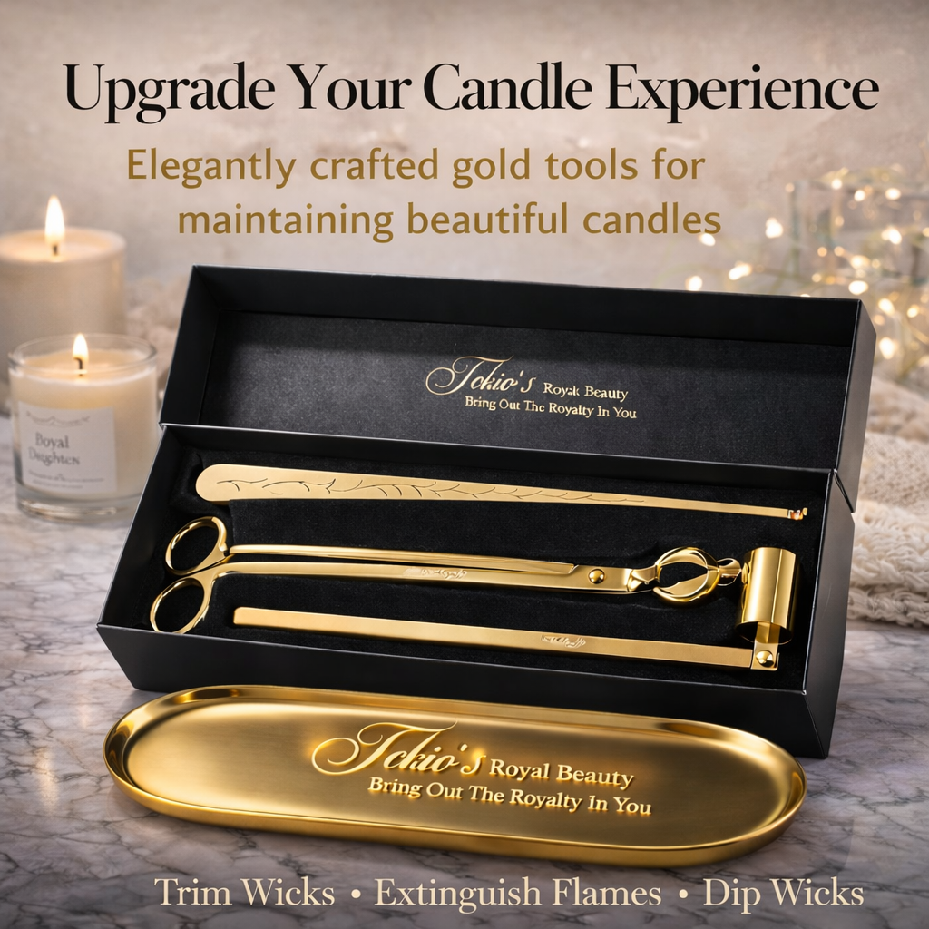 Candle Wick Trimming Set – 4-Piece Gold-Plated Kit with Decorative Tray – Wick Trimmer, Snuffer, Dipper – Luxury Gift Box Included