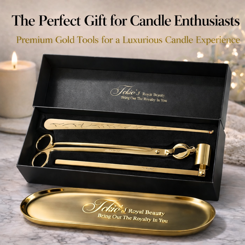 Candle Wick Trimming Set – 4-Piece Gold-Plated Kit with Decorative Tray – Wick Trimmer, Snuffer, Dipper – Luxury Gift Box Included