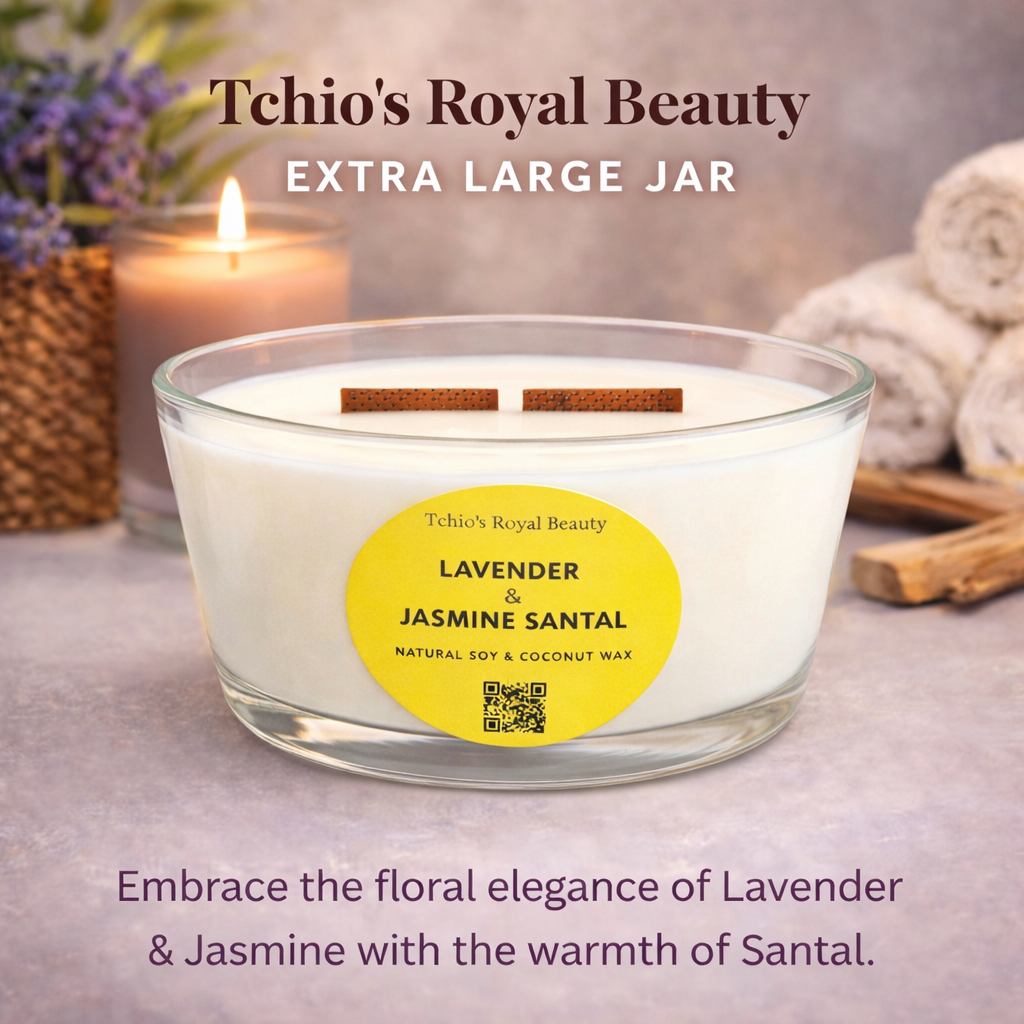 Lavender, Jasmine & Santal Scented Candle – 25 oz Boat-Shaped Glass Jar with Bamboo Lid, Wooden Wick, Handcrafted with Natural Coconut & Soy Wax