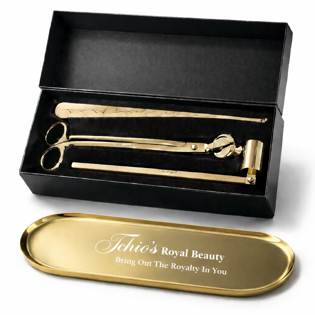 Candle Wick Trimming Set – 4-Piece Gold-Plated Kit with Decorative Tray – Wick Trimmer, Snuffer, Dipper – Luxury Gift Box Included