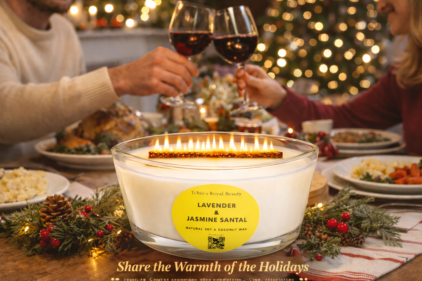 Lavender, Jasmine & Santal Scented Candle – 25 oz Boat-Shaped Glass Jar with Bamboo Lid, Wooden Wick, Handcrafted with Natural Coconut & Soy Wax