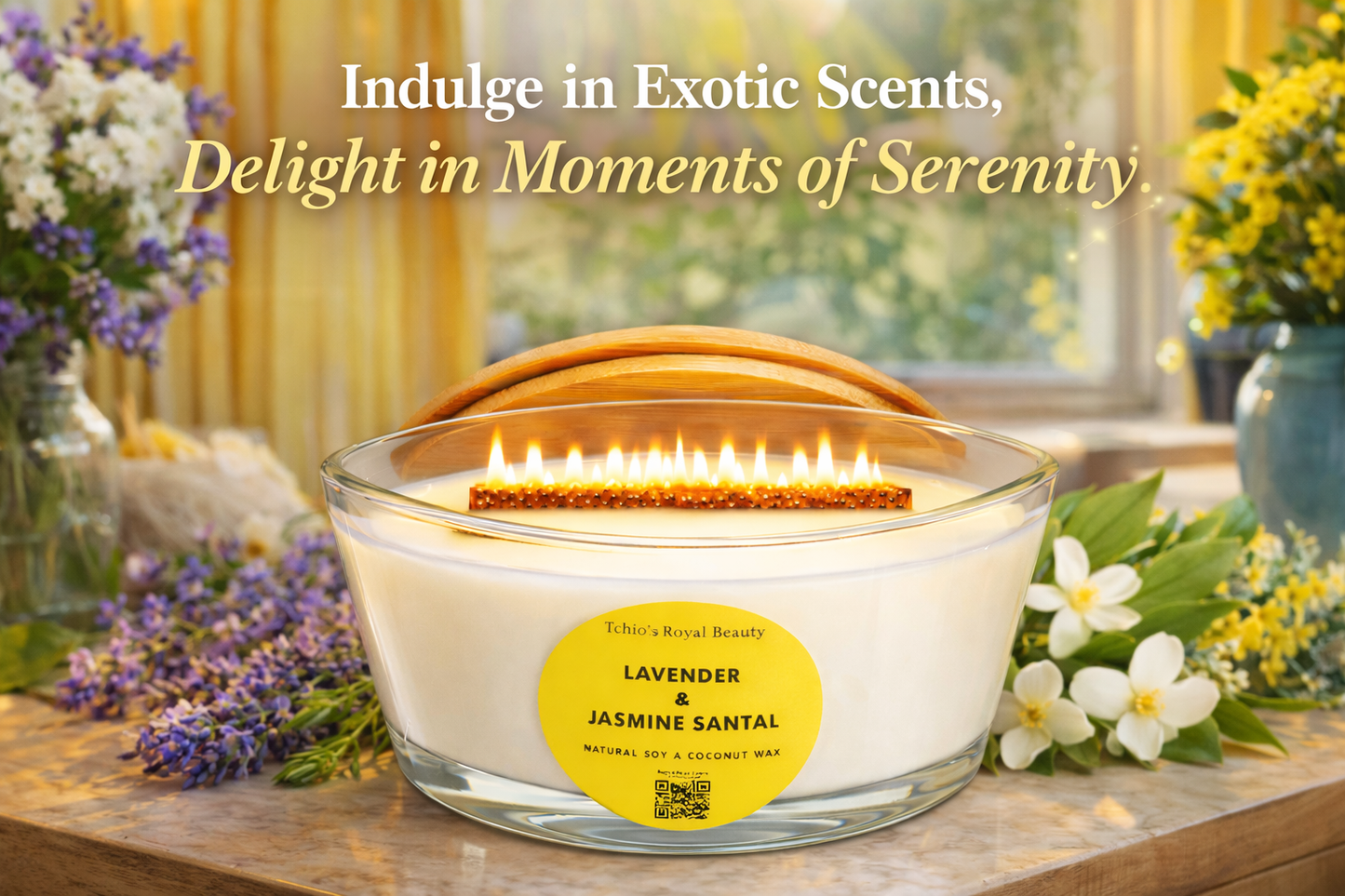 Lavender, Jasmine & Santal Scented Candle – 25 oz Boat-Shaped Glass Jar with Bamboo Lid, Wooden Wick, Handcrafted with Natural Coconut & Soy Wax