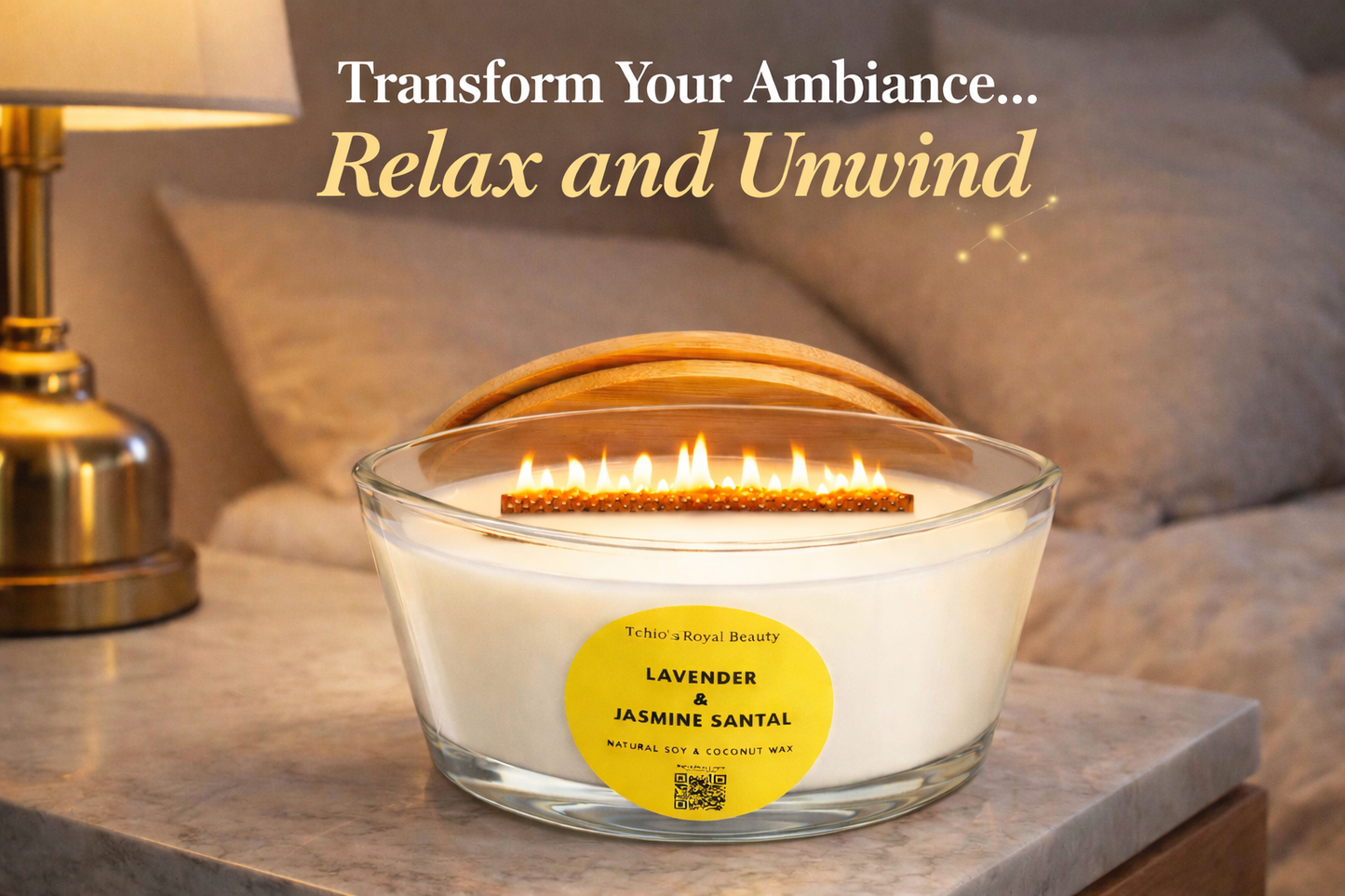 Lavender, Jasmine & Santal Scented Candle – 25 oz Boat-Shaped Glass Jar with Bamboo Lid, Wooden Wick, Handcrafted with Natural Coconut & Soy Wax