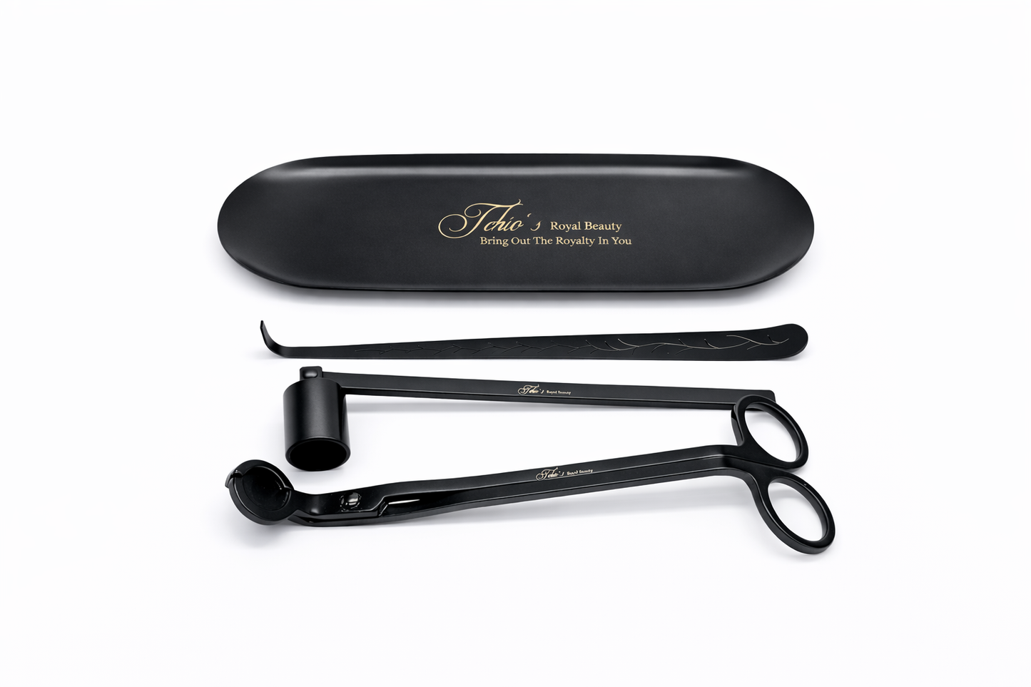 Candle Wick Trimming Set – 4-Piece Black-Plated Kit with Decorative Tray – Wick Trimmer, Snuffer, Dipper – Luxury Gift Box Included