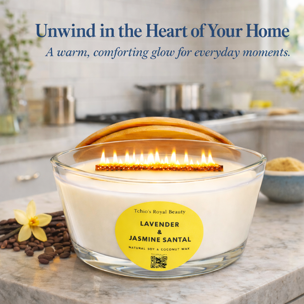 Lavender, Jasmine & Santal Scented Candle – 25 oz Boat-Shaped Glass Jar with Bamboo Lid, Wooden Wick, Handcrafted with Natural Coconut & Soy Wax