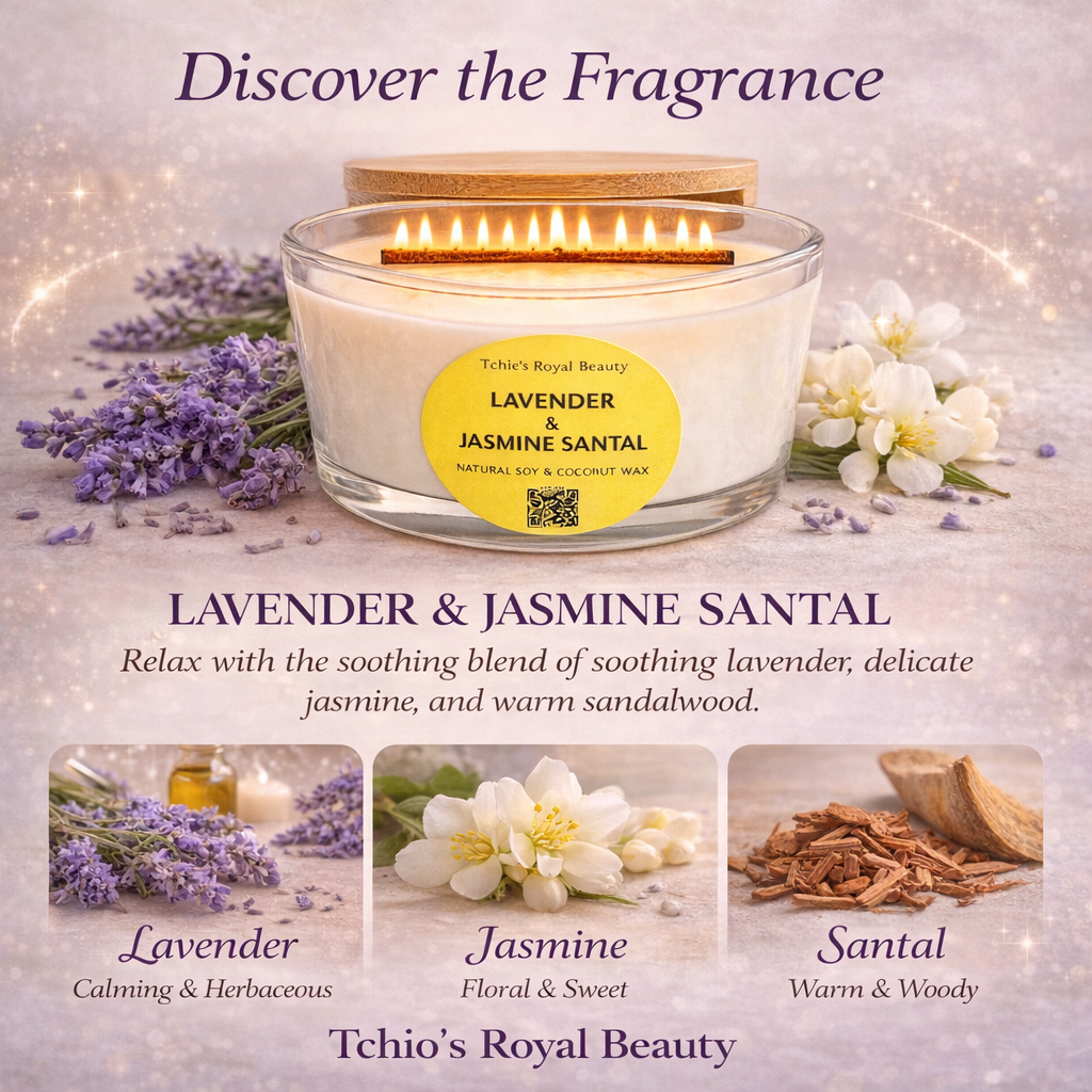 Lavender, Jasmine & Santal Scented Candle – 25 oz Boat-Shaped Glass Jar with Bamboo Lid, Wooden Wick, Handcrafted with Natural Coconut & Soy Wax