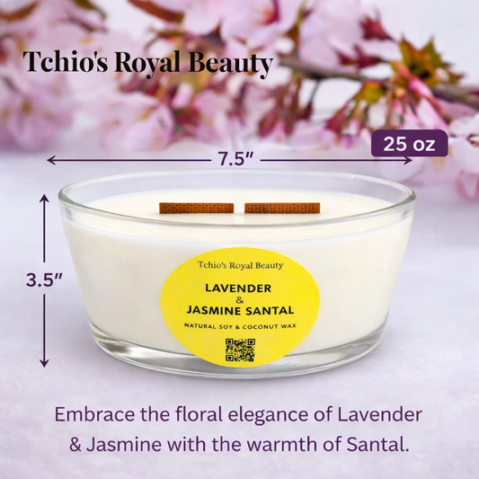Lavender, Jasmine & Santal Scented Candle – 25 oz Boat-Shaped Glass Jar with Bamboo Lid, Wooden Wick, Handcrafted with Natural Coconut & Soy Wax