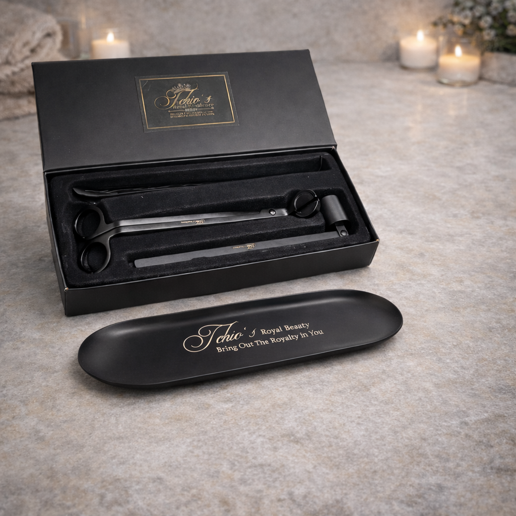 Candle Wick Trimming Set – 4-Piece Black-Plated Kit with Decorative Tray – Wick Trimmer, Snuffer, Dipper – Luxury Gift Box Included