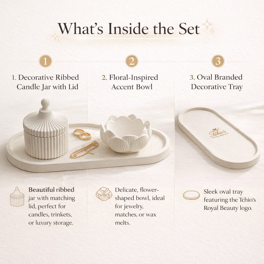 Jesmonite Candle Holder set with Ribbed Jar, Floral Bowl & Tray – Ivory Decorative Home Décor Organizer