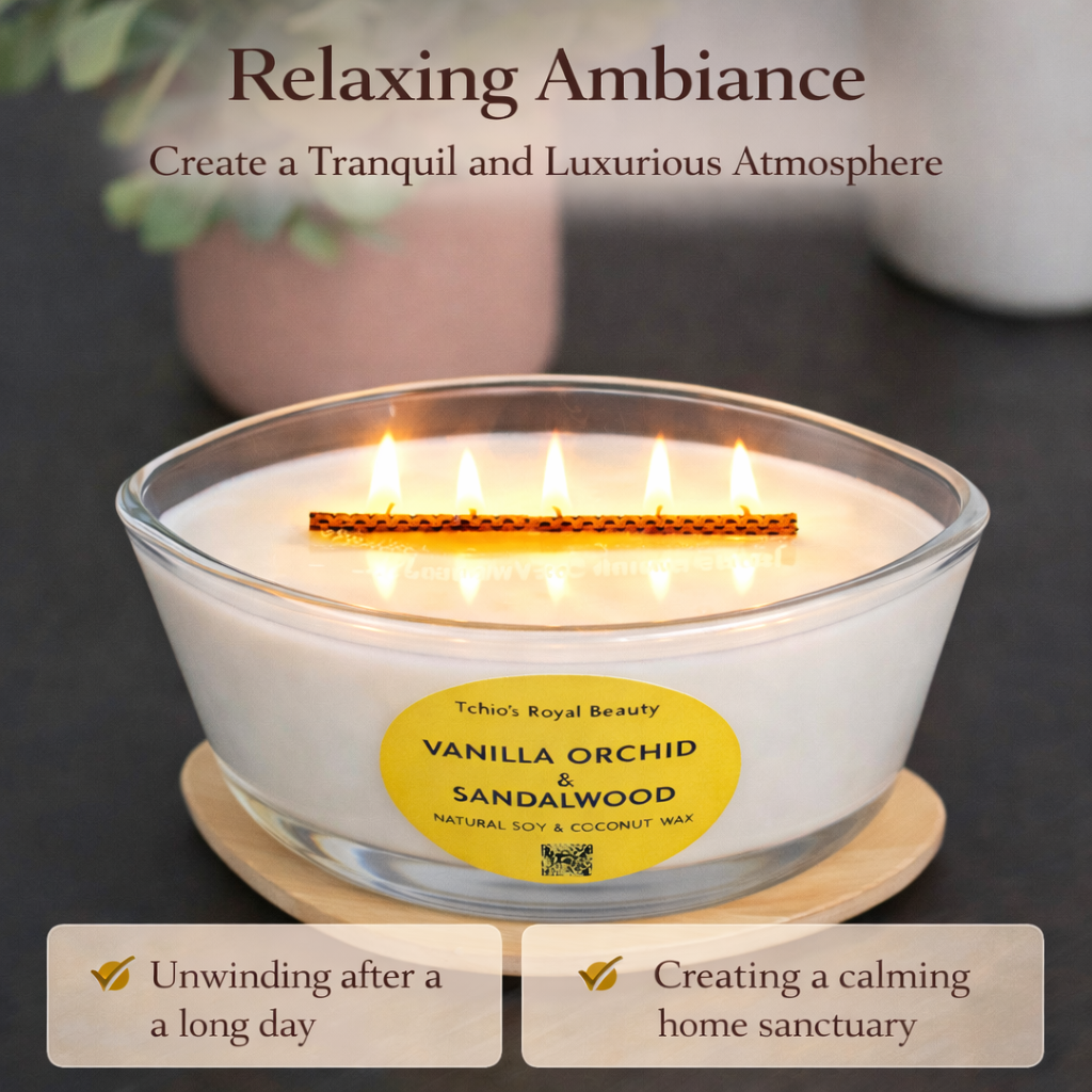 Vanilla Orchid & Sandalwood Candle – 25 oz Natural Soy & Coconut Wax – Boat-Shaped Glass Bowl with Bamboo Lid – Handcrafted Luxury Home Fragrance